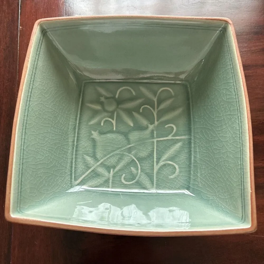 Siam Celadon Square Ceramic Serving Bowl, Floral Design, Footed
